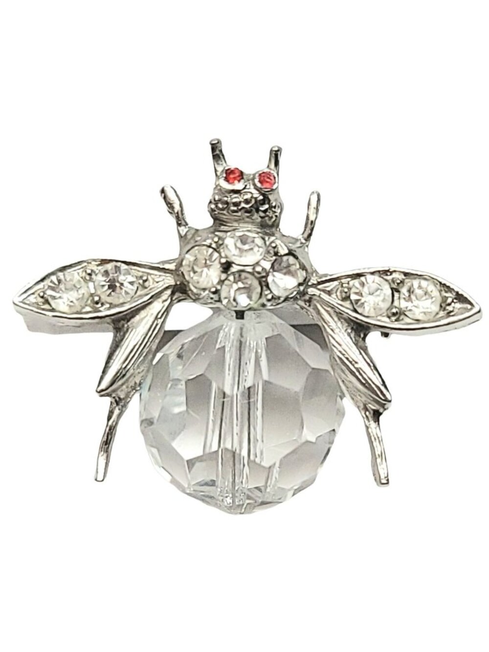 Pell Silver Tone Red Eye Clear Faceted Glass Belly Bee Insect Brooch, Signed